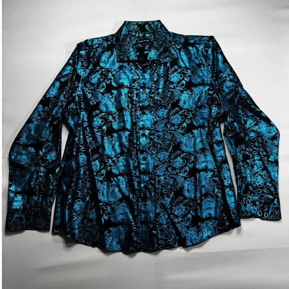 Barry.Wang Men's Long Sleeve Black Blue Sheen Floral Dress Shirt - Size 2XL - Picture 1 of 3